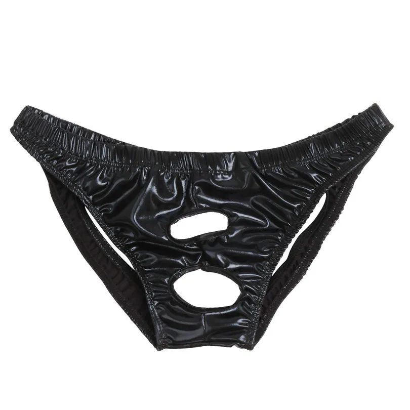 Mens Male Lingerie Sexy Mens Shiny Patent Leather Bikini Briefs Jockstrap Gay Open Butt Underwear with Sexy Holes