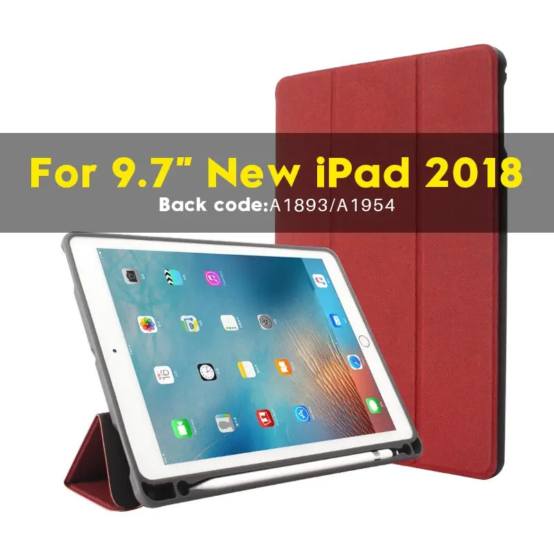 Чехол для нового iPad 9,7 дюйма с держателем для карандашей Apple, кожаный Смарт-тройной стенд, силиконовый чехол для A1822 A1893 A1954 - Цвет: For iPad 2018 RD