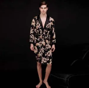 Китайский Для мужчин шелковый халат Ночное юката кафтан, ночное белье халат платье с поясом, L, XL, XXL 16040905 - Цвет: black