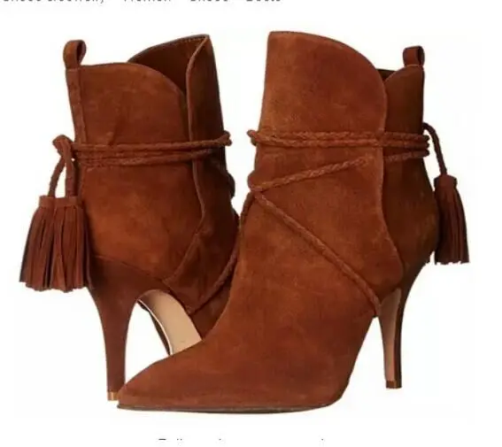 

2016 spring new year arrival sexy dark brown suede leather pointed toe short boots braid cross strap lace up fringe ankle boots