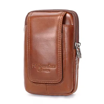 

YIANG Brand Men's Fashion Genuine Leather Waist Belt Bag Fanny Pack Dual Pouches Casual Mobile Phone Bags for iPhoneX 6 7 8 plus