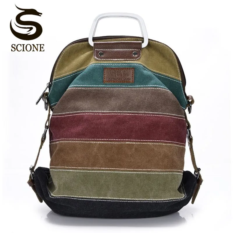 

High quality Canvas Backpack Patchwork Rainbow Color Bag Women Canvas Backpacks Rucksack Multifunction Girls Crossbody Bagpack