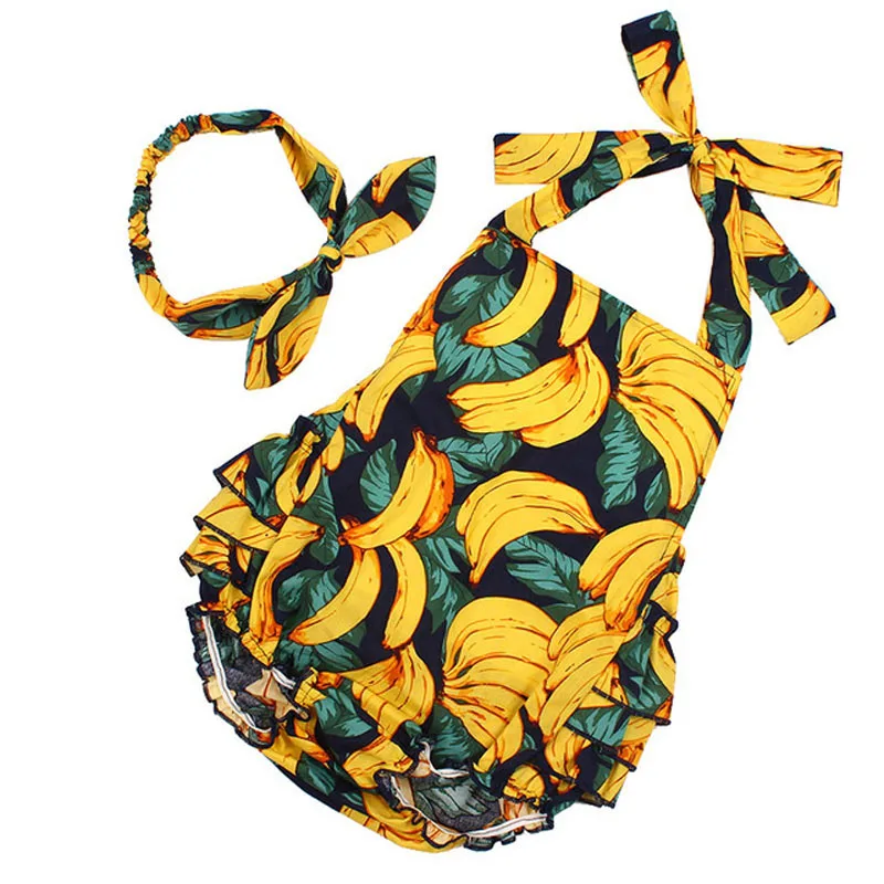 Sleeveless Infant Newborn Romper 2pcs Baby Girls Clothes Jumpsuit Banana Print New Summer Bandage Playsuit Sunsuit Outfits (4)