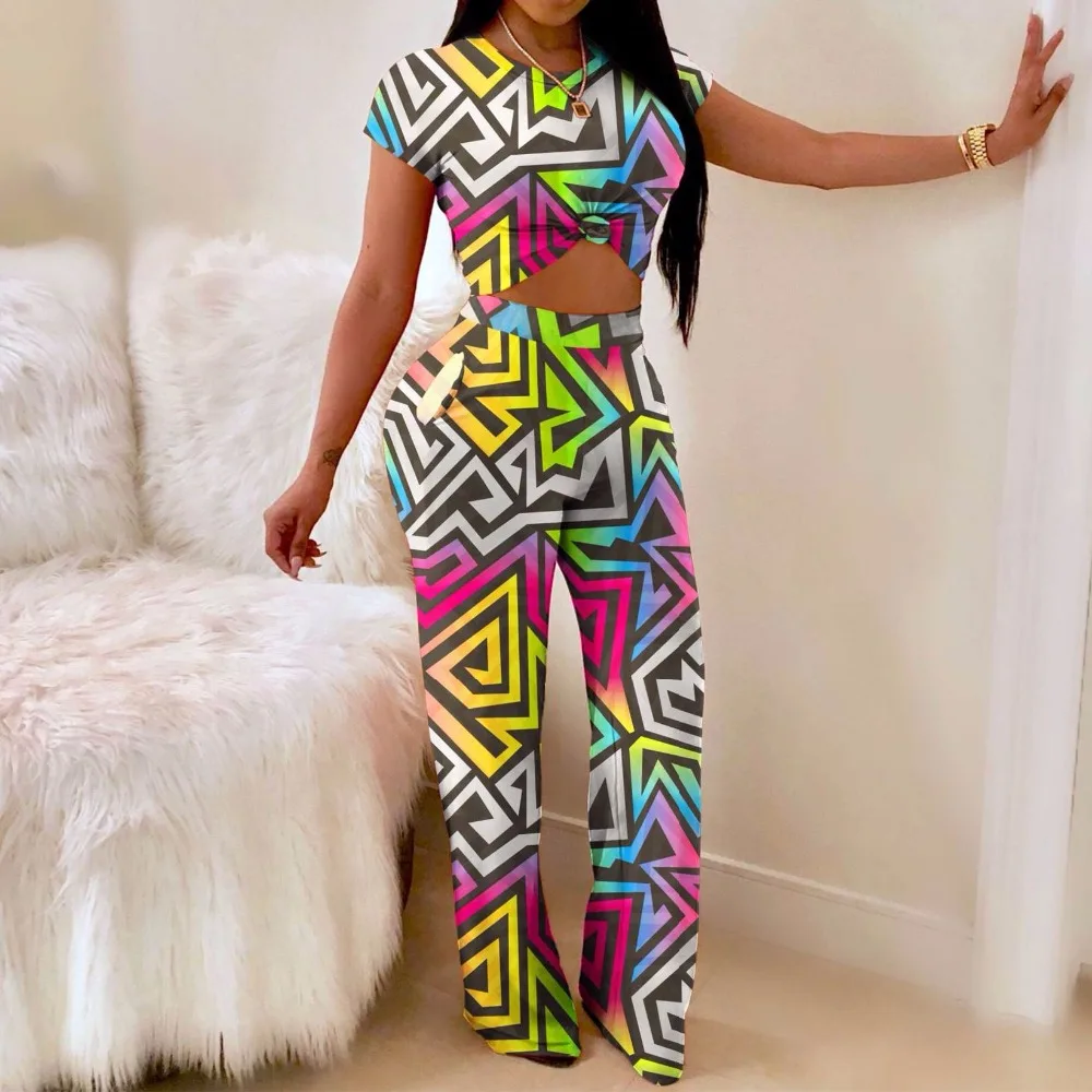 

Summer 2 Piece Set Women Vintage O Neck Short Sleeve Crop Top + Wide Leg Pants Set Boho Geometrical Printed Two Piece Outfits