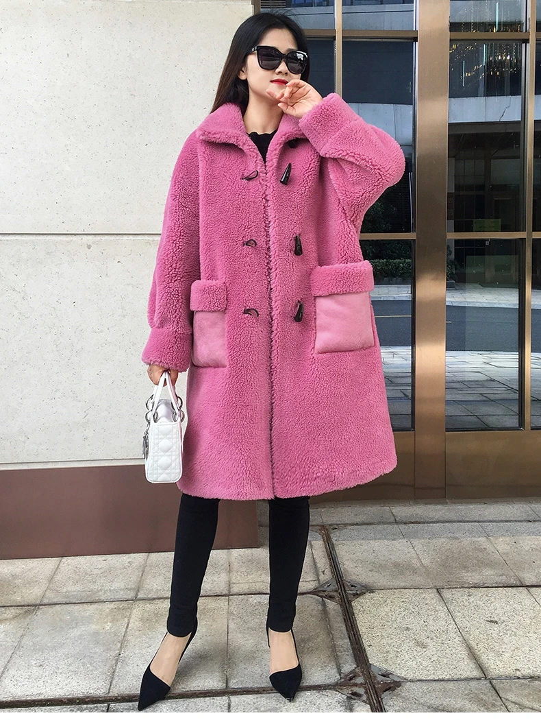 SY07 Fall winter women 30% real wool fur coat overcoat Horn buckle warm pocket sheep shearing girl fur coats lady long jacket