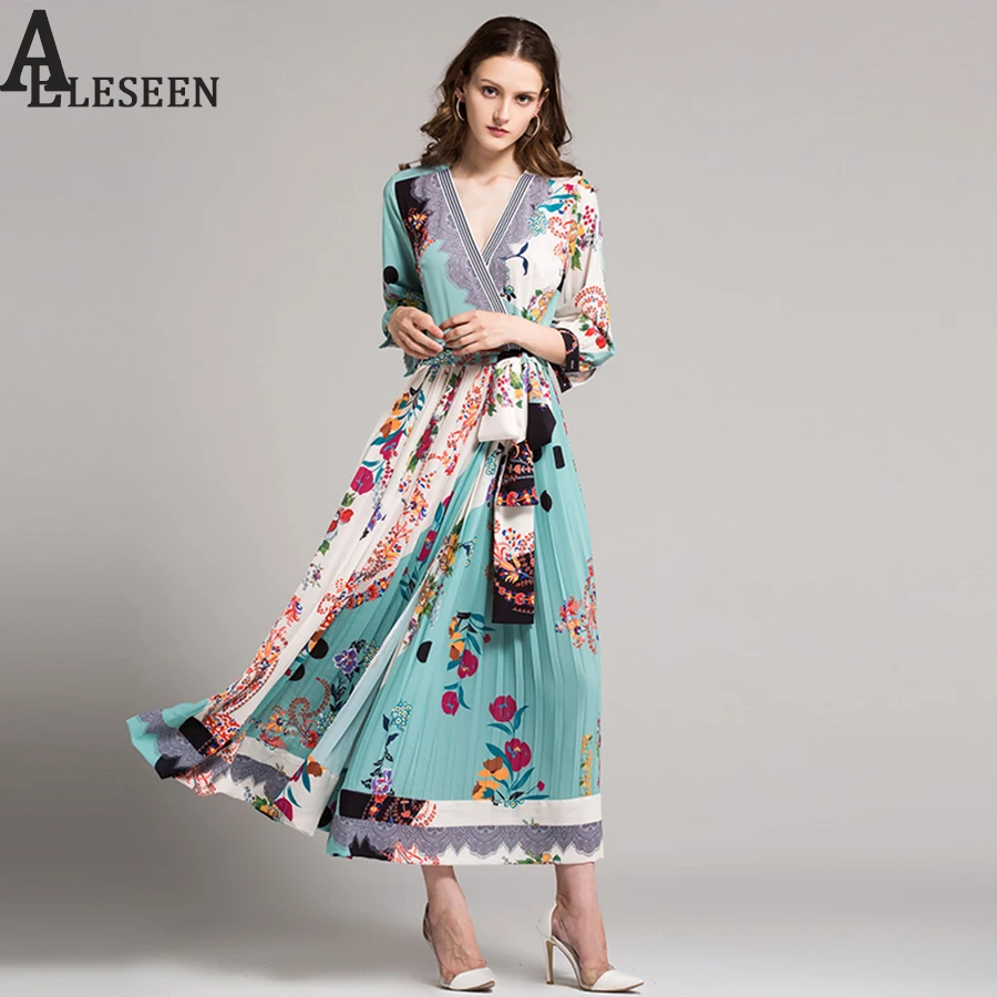 Vintage Long Dress High Quality 2018 Summer Elegant V-neck XXL Floral Striped Print Pleat Elegant Long Sleeve Wrap Dress Sexy