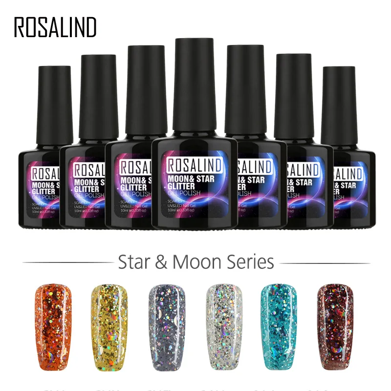 

ROSALIND Gel 1S P+Black Bottle 10ML Star&Moon Glitter S01-12 UV LED Soak-Off Gel Nail Polish Nail Art 3D Manicure Gel Varnish