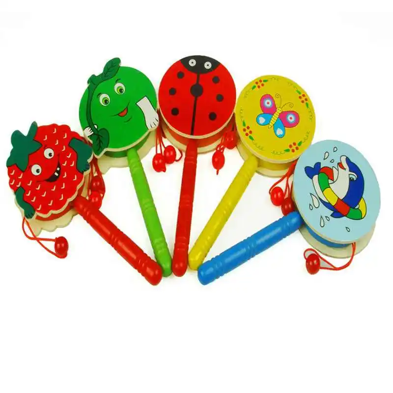 1PCS 17x7.5cm Baby Wooden Maraca Rattles Cartoon Wave Drum Kids Musical