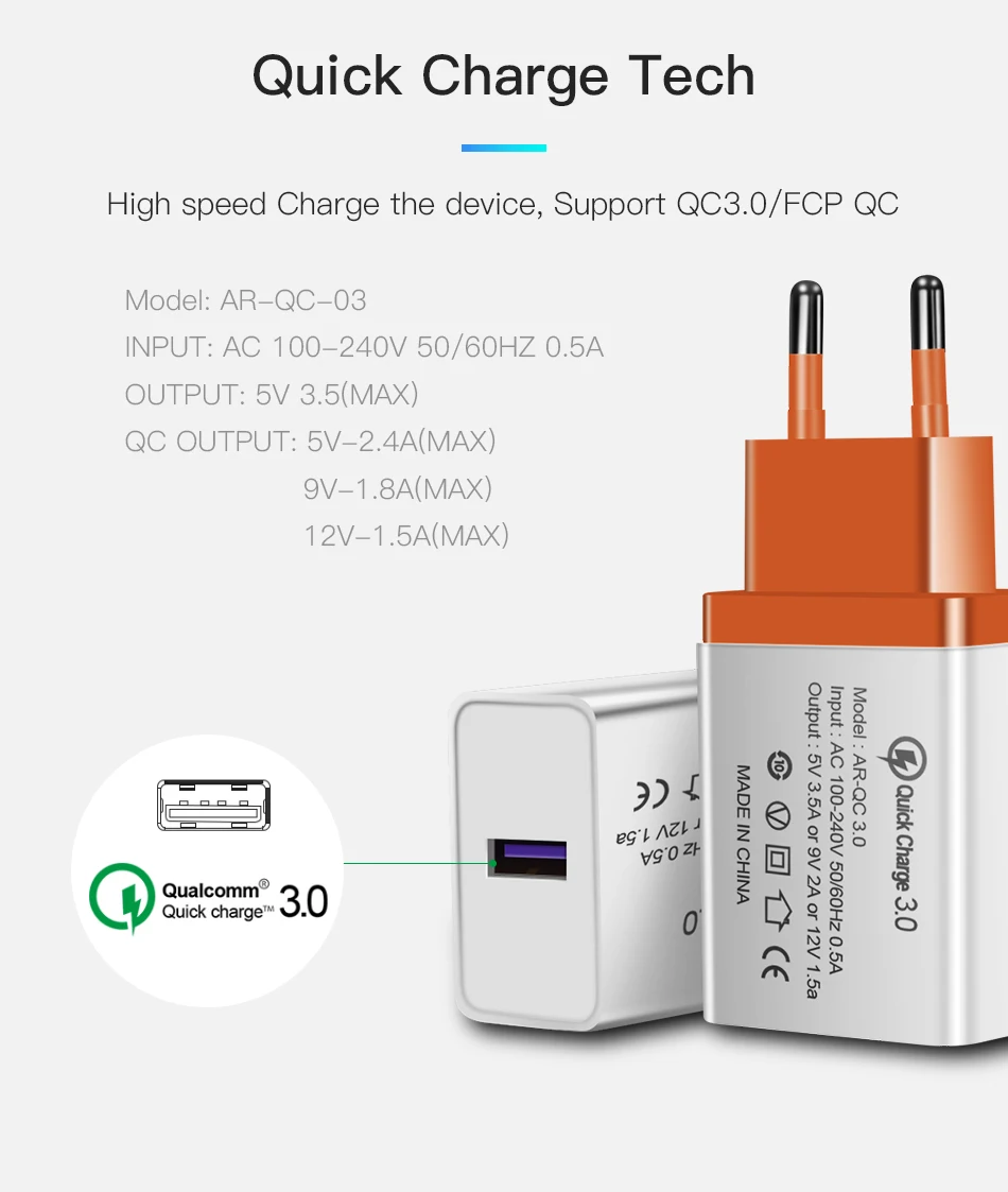 !ACCEZZ Universal Quick Charge 3.0 Charging Adapter For iphone 5s 7 X Samsung s10 Plus 1 USB Travel Wall Charger EU Plug Charger-7
