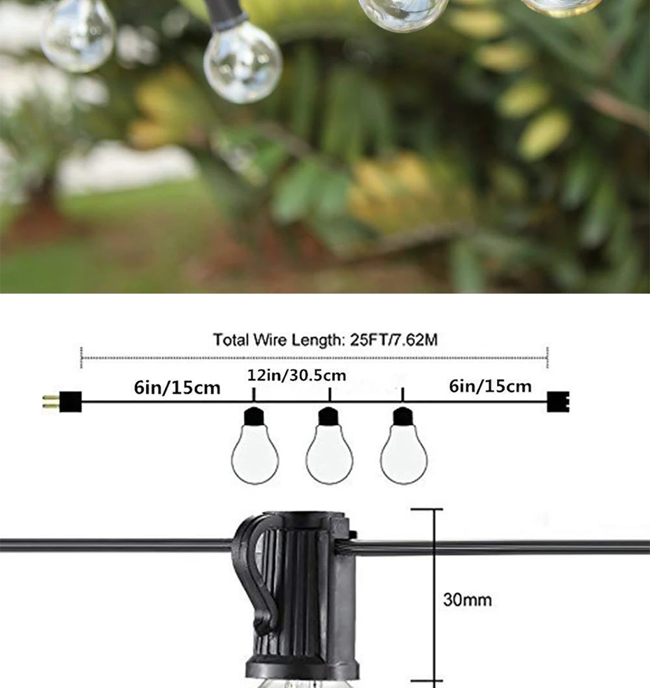 Садовые гирлянды 25 лампочек G40 для сада, патио, уличные Подвесные светодиодные гирлянды, водонепроницаемые, для помещений, рождественские, вечерние, декоративные лампы