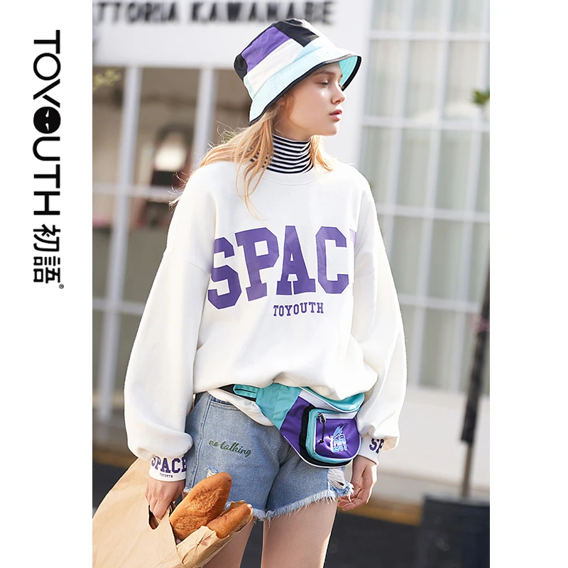 Toyouth Winter Pullover Sweatshirts Womens Harajuku Oversized Sweatshirt Loose O Neck Long Sleeve L