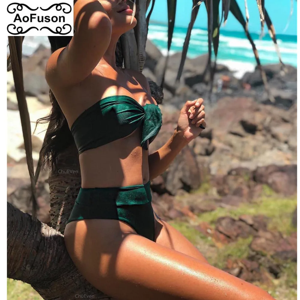 

Designer-swimwear High Waist Bikini High Leg Thong Bathing Suits Bandeau Bandage Green Bikini Bandeau Push Up Swimwear Women