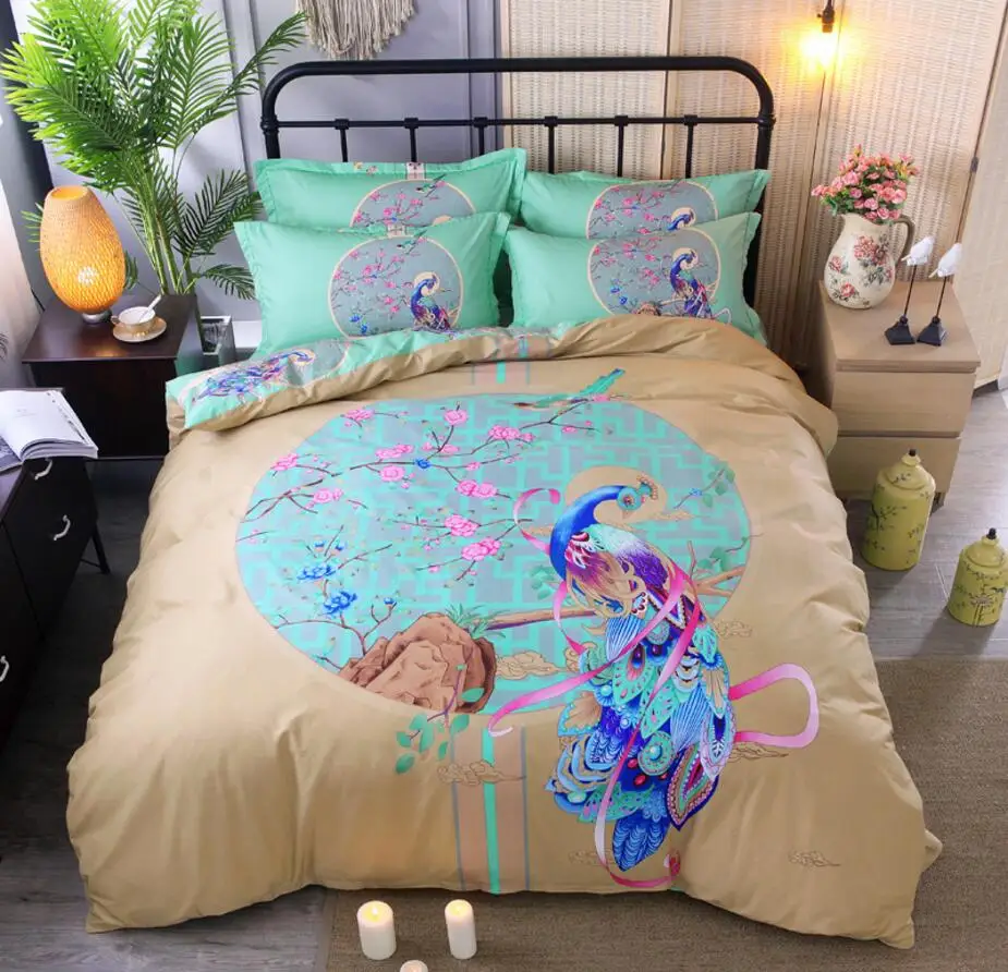 Home Textile Flower Series Bed Linens 4pcs Peacock Bedding Sets Cotton