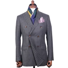 Мужской костюм на заказ Королевский Серый шерсть мужской костюм в полоску, классический двубортный белый полосатый мужской костюм с отворотом