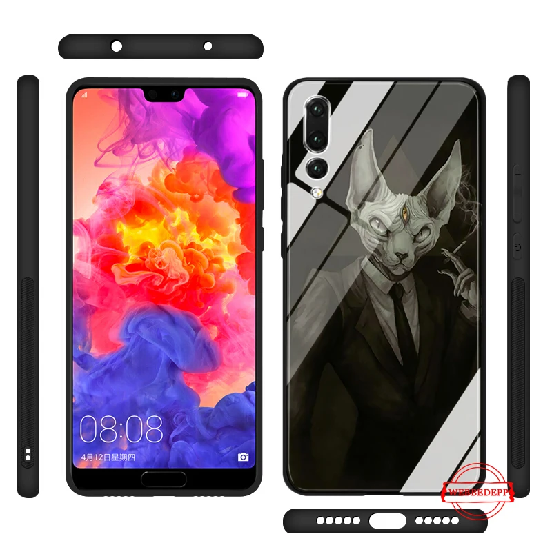 Стеклянный чехол с татуировкой Сфинкса кота для Huawei P10 lite P20 Pro P30 P Smart honor 7A 8X 9 10 Y6 Mate