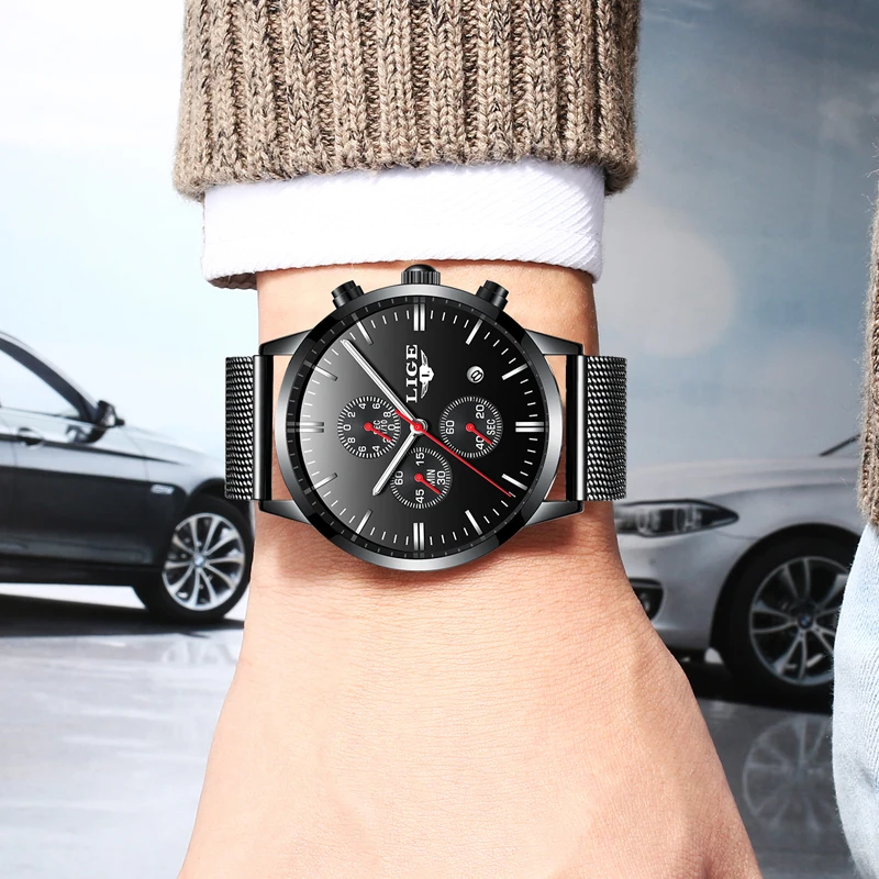 LIGE Luxury Brand Casual Watches Men Simple Business Quartz Watch Man Mesh Strap Date Fashion Black Male Clock Relogio Masculino