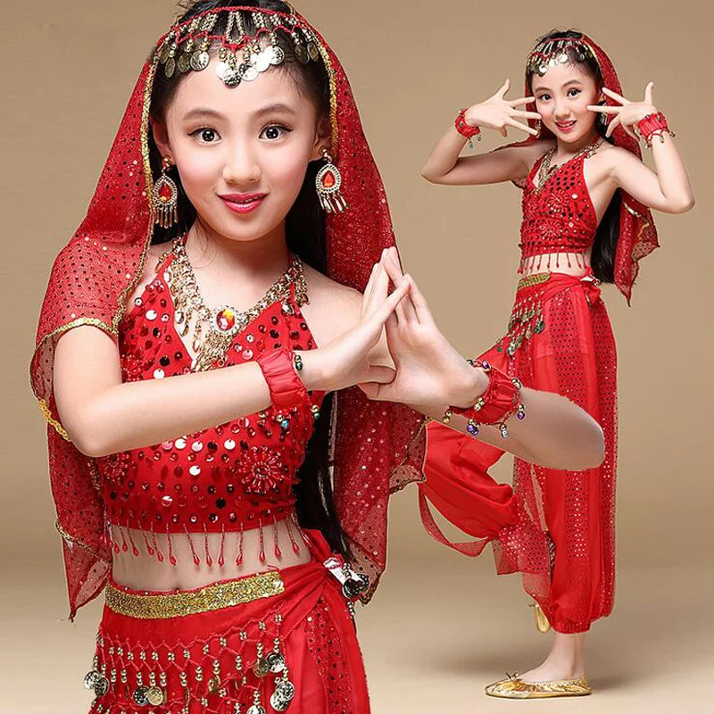 2017 Indian Sari Children Indian Dance 5-piece Costume Set (Top, Belt, Skirt and Head Pieces) Kids Bollywood Dance 4 colors  (6)