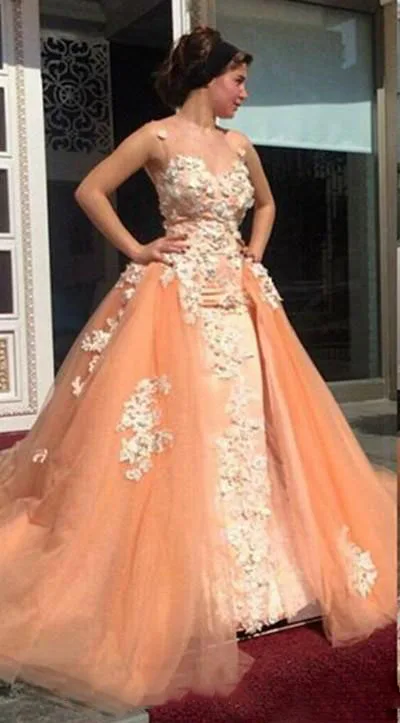 illusion-high-neck-peach-color-lace-appliqued-ball-gown-prom-dress-with-detachable-train-vintage-ball-gowns