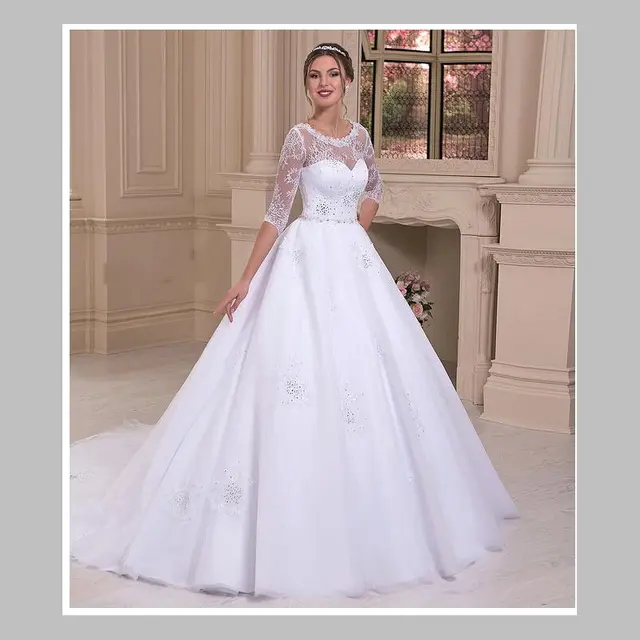 Bling Sparkle A Line O Neck Court Train White Organza Lace Wedding Bling Sparkle A Line O Neck Court Train White Organza Lace Wedding Dress 3 4 Sleeve