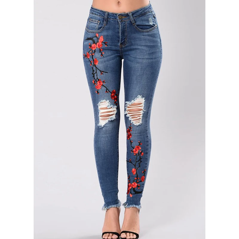Ripped Jeans For Women Embroidery Holes Denim Pants Women Elasticity ...