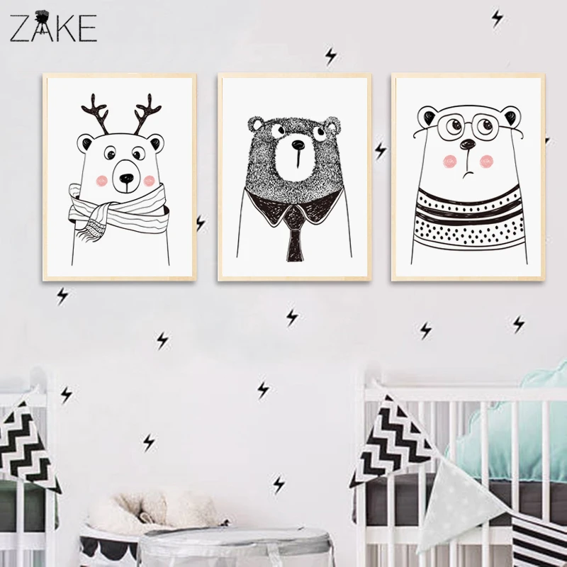 

Cartoon Polar Bear Animal Nordic Art Canvas Poster Minimalist Print Black White Wall Picture Modern Home Kids Room Decoration