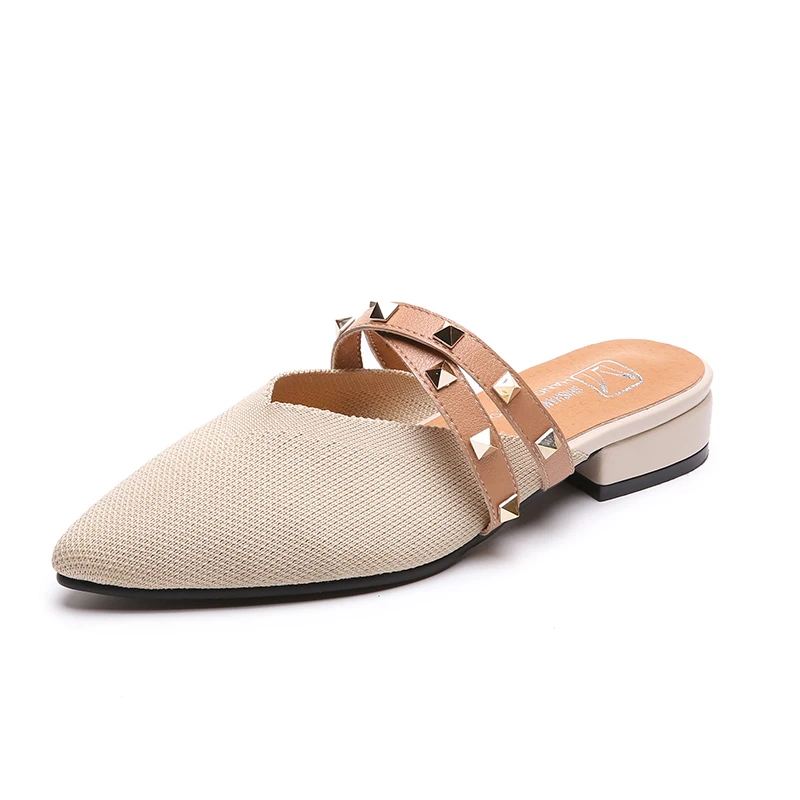 

2019 Women Slippers Mules Pointed Toe Slippers Female Mules Fashion Low Heel Rivet Elegant Shoes Woman Slipper Mesh Casual Shoes