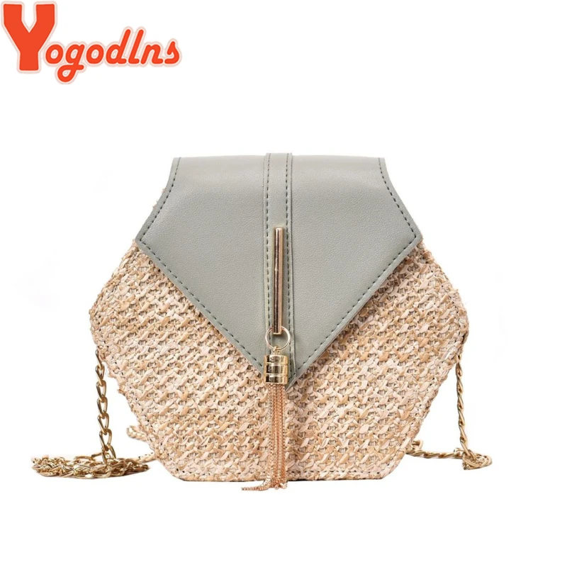 

Yogodlns Hexagon Straw Shoulder Bag Women Summer Rattan Bag Handmade Woven Beach Bohemia bolsa feminina chain Crossbody bag