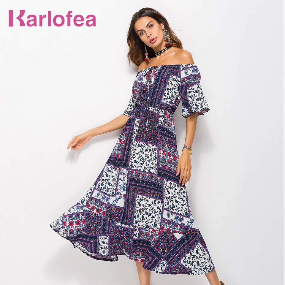 Karlofea Summer Ankle Length Maxi Dress Half Sleeve Off Shoulder Loose