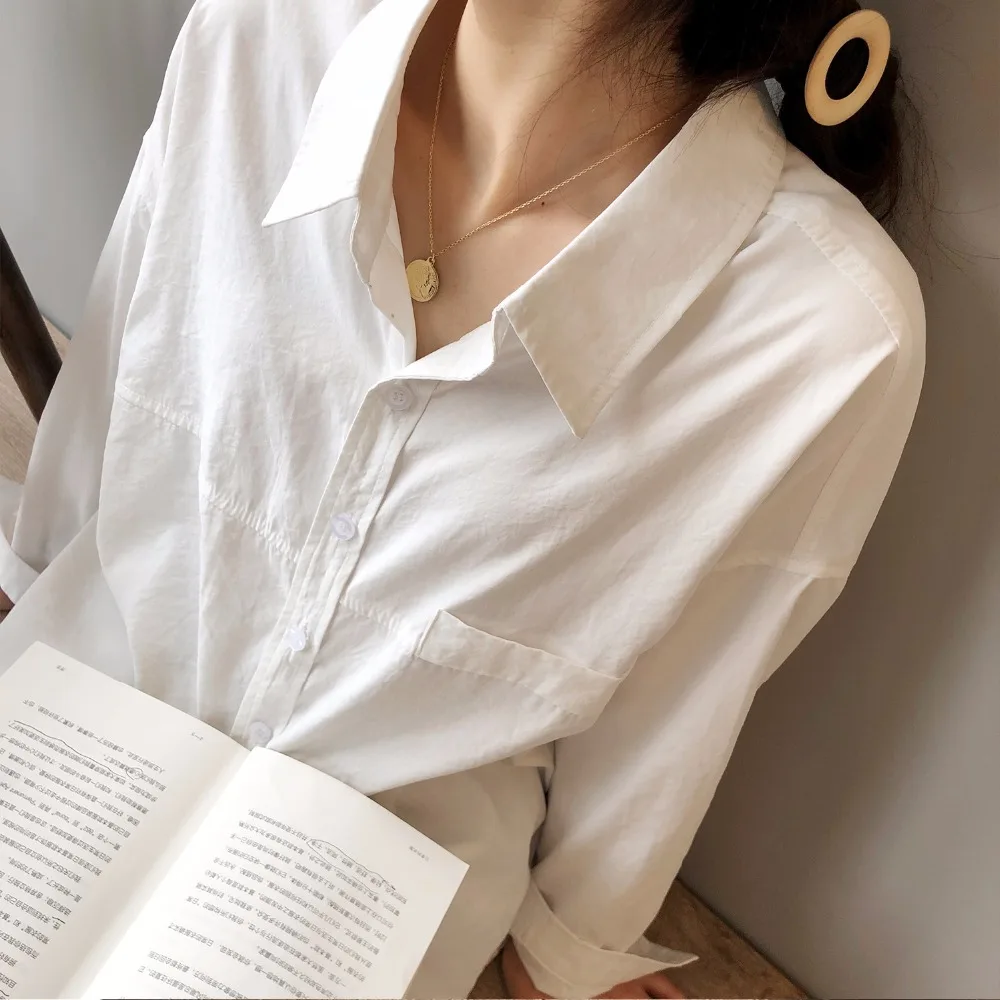 

2019 Spring Women Loose Shirt Long Sleeve Turn down Collar Female Solid Oversize Casual Shirts White