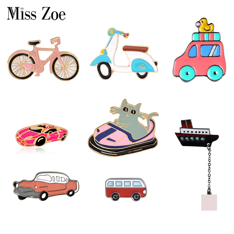 

Bargain price Transportation Collection Enamel pin Cartoon bike car bus boat motorcycle Brooch lapel pin Button badge Funny Gift