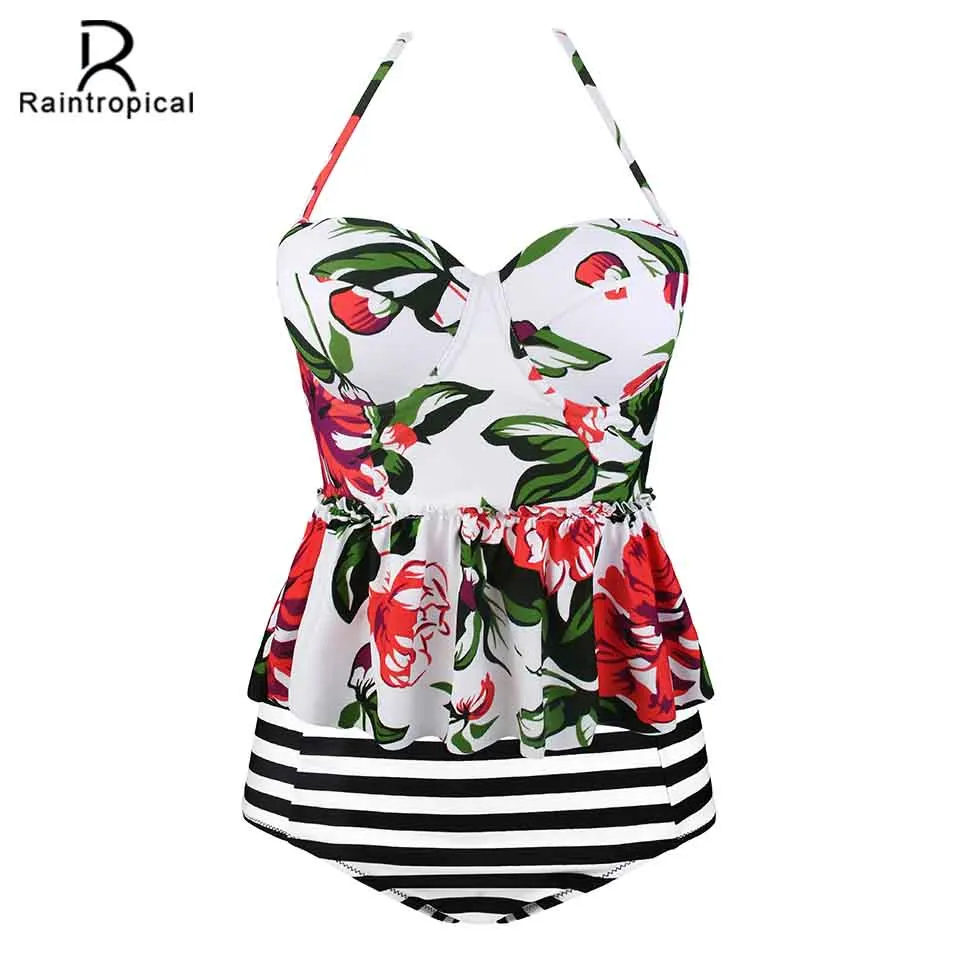 Billig Raintropical 2019 Neue Sexy Frauen Badeanzug Plus Size Bademode Tankini Strappy Bademode Patchwork Druck Weibliche Badeanzüge 5XL