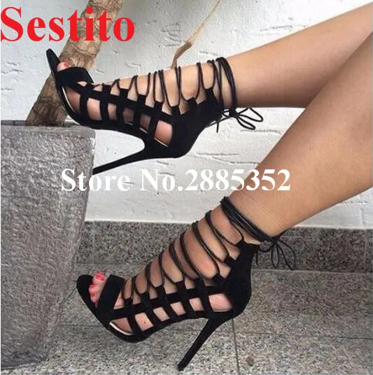 Sestito Plus Size Lace Up Lady Sandals Gladiator Sexy Cross Tied Strappy Party Shoes High Heels Dress Pumps Fashion Shoes lace up cross strap lady rhinestone sandals suede woman thin heels crystal embellished lady sandals party dress high heels shoes