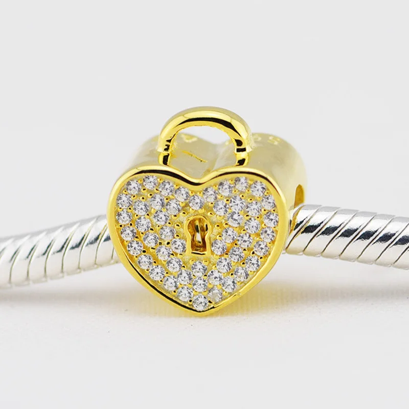 

Silver 925 Jewelry Padlock Pave Golden Bead Charms for Women DIY Fits Brand Bracelet Beads for Jewelry Making Kralen PERLES