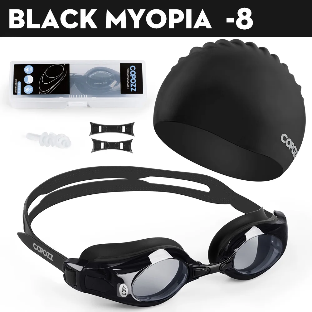 Copozz противотуманные очки для плавания ming защита от УФ близорукости очки для плавания кепки с бесплатным Чехол для наушников для взрослых мужчин женщин и детей - Цвет: Myopia Black -8