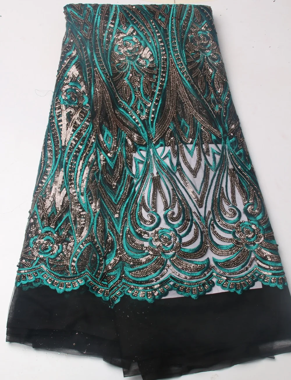 

Elegant Green Color African French Lace Fabric with sequins 2017 High Quality African Tulle Lace Fabric With Sequins NA727B-1