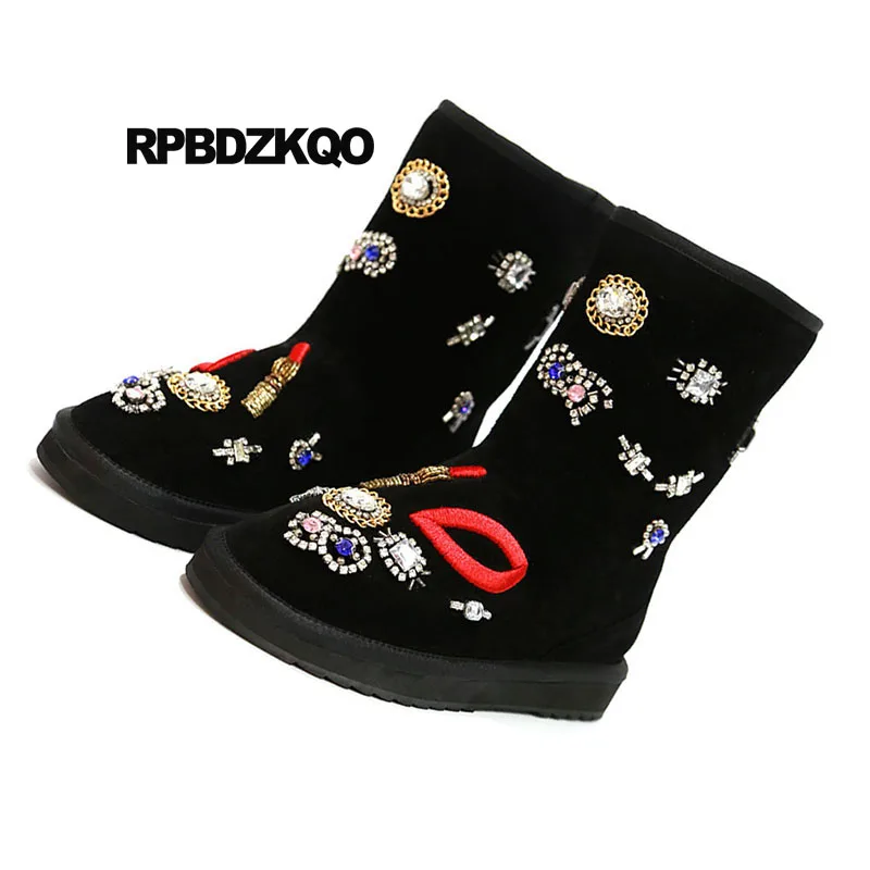 Caviglia Genuino Inverno Di Australiano Neve Il Delle Cuoio Alta Ricamo Donne Qualità Del Marca Scarpe Nero Rhinestone Scarponi Catena Alla Ricamato Da qqEBUa