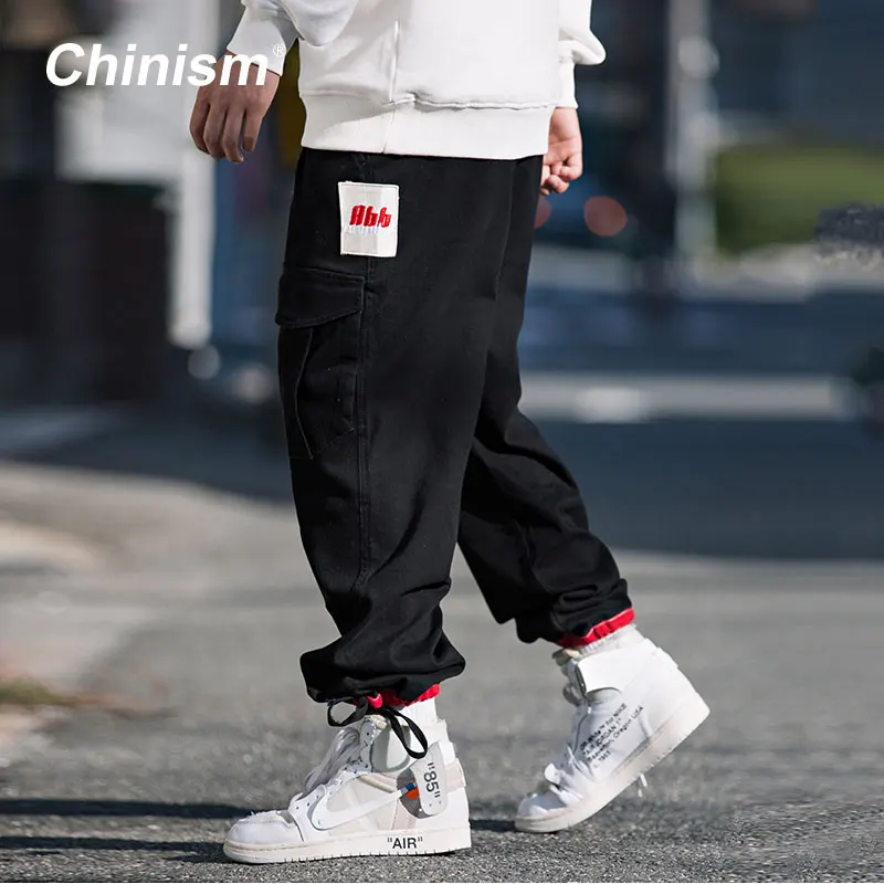 

CHINISM Color Block Drawstring Cargo Pant Male Loose Stylish Big Pocket Embroidery Tag Stright Casual Pants