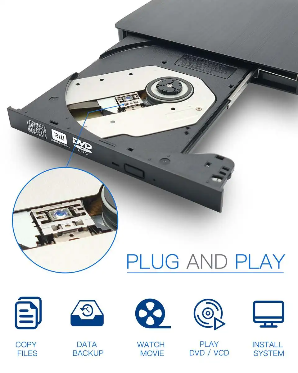 USB 3,0 тонкий внешний DVD-RW CD Писатель Привод горелки ридер плеер Оптические приводы для портативных ПК CD-R DVD DVD-R DVD+ R