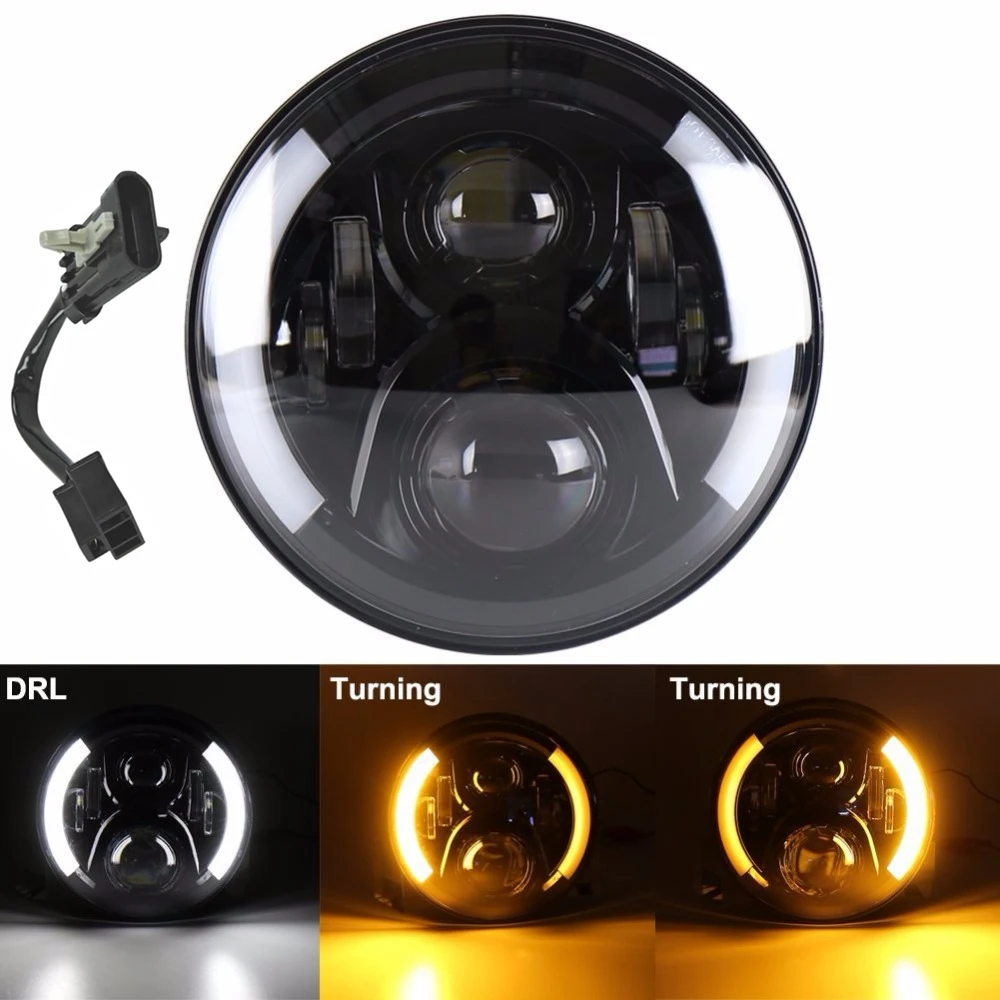 

7inch Round 50W Hi/Lo Beam Motorcycle Driving Light with DRL Turn Signal Halo Ring Angle Eyes for Harley Fatboy Indian Chieftain