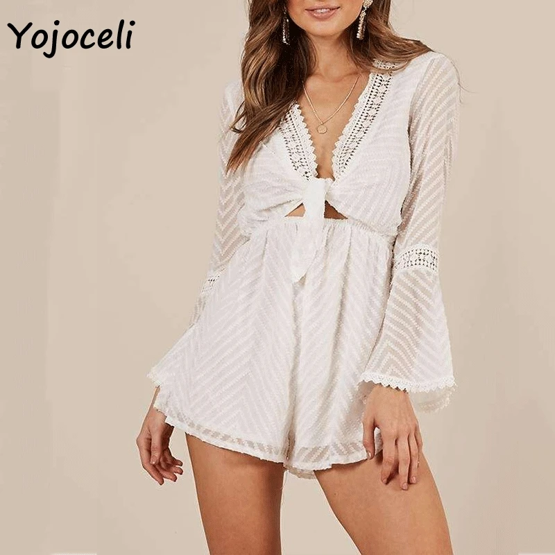 

Yojoceli 2018 boho beach rompers jumpsuit long flare sleeve Jacquard wide leg rompers party club bow short playsuits