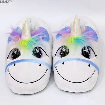 

28cm Plush Cartoon Animals Unicorn Slippers Creative Indoor Winter Keep Warm Horse Non-slip Couple Cotton Shoes Soft Stuffed Toy