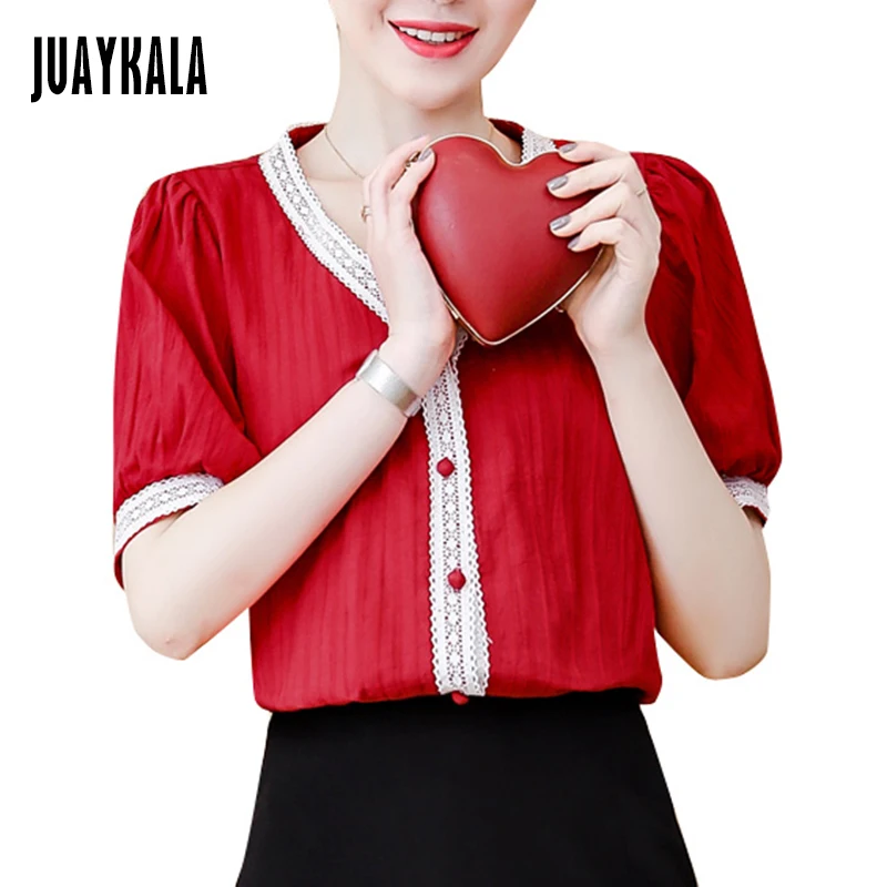 JUAYKALA Модная хлопковая Льняная блуза с v-образным вырезом рубашка 2019 летний топ