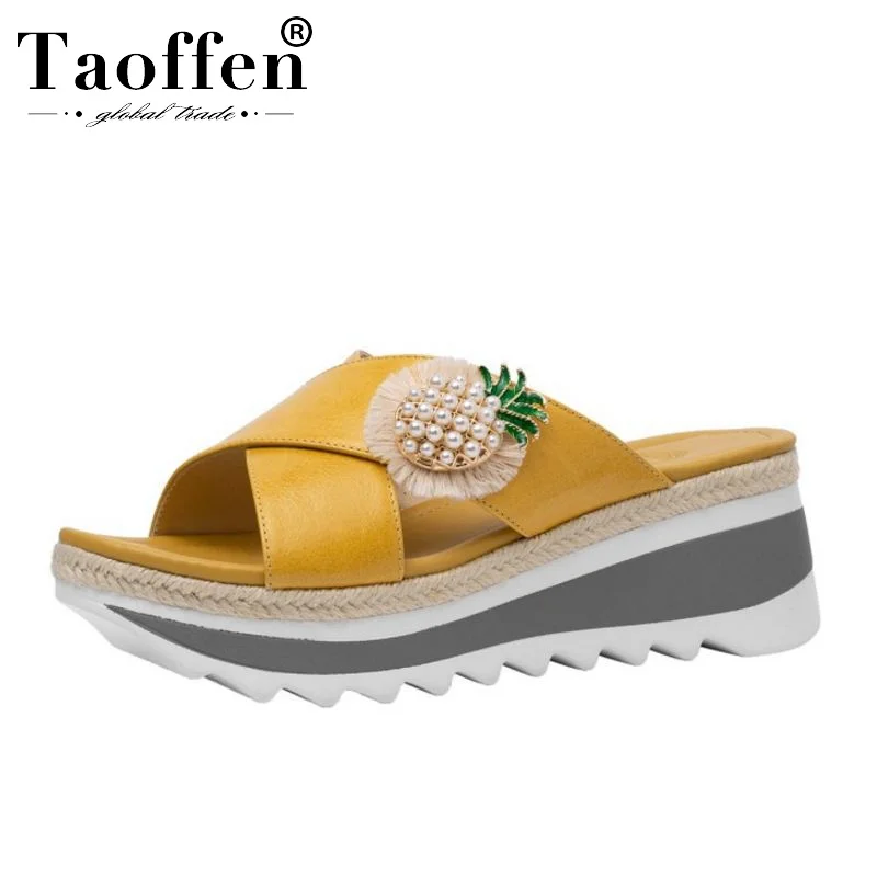 

TAOFFEN Genuine Leather Super High Quality Fashion Beads Sandals Vacation Summer Beach Party Shoes Women Club Sandals Size 34-39