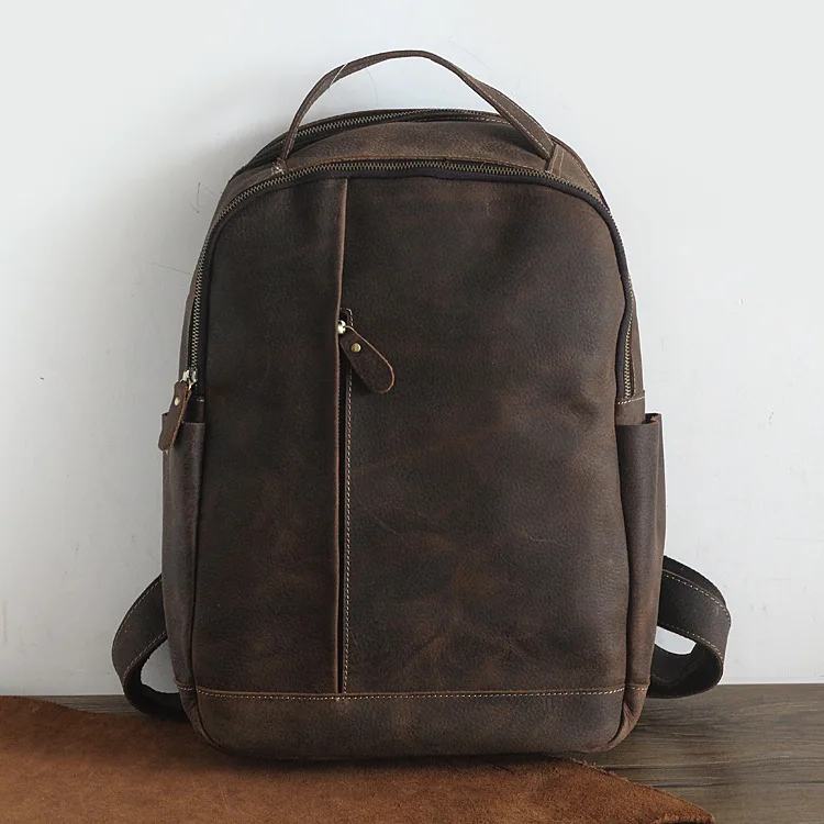 Кофейный Винтажный Мужской большой рюкзак из натуральной кожи для ноутбука