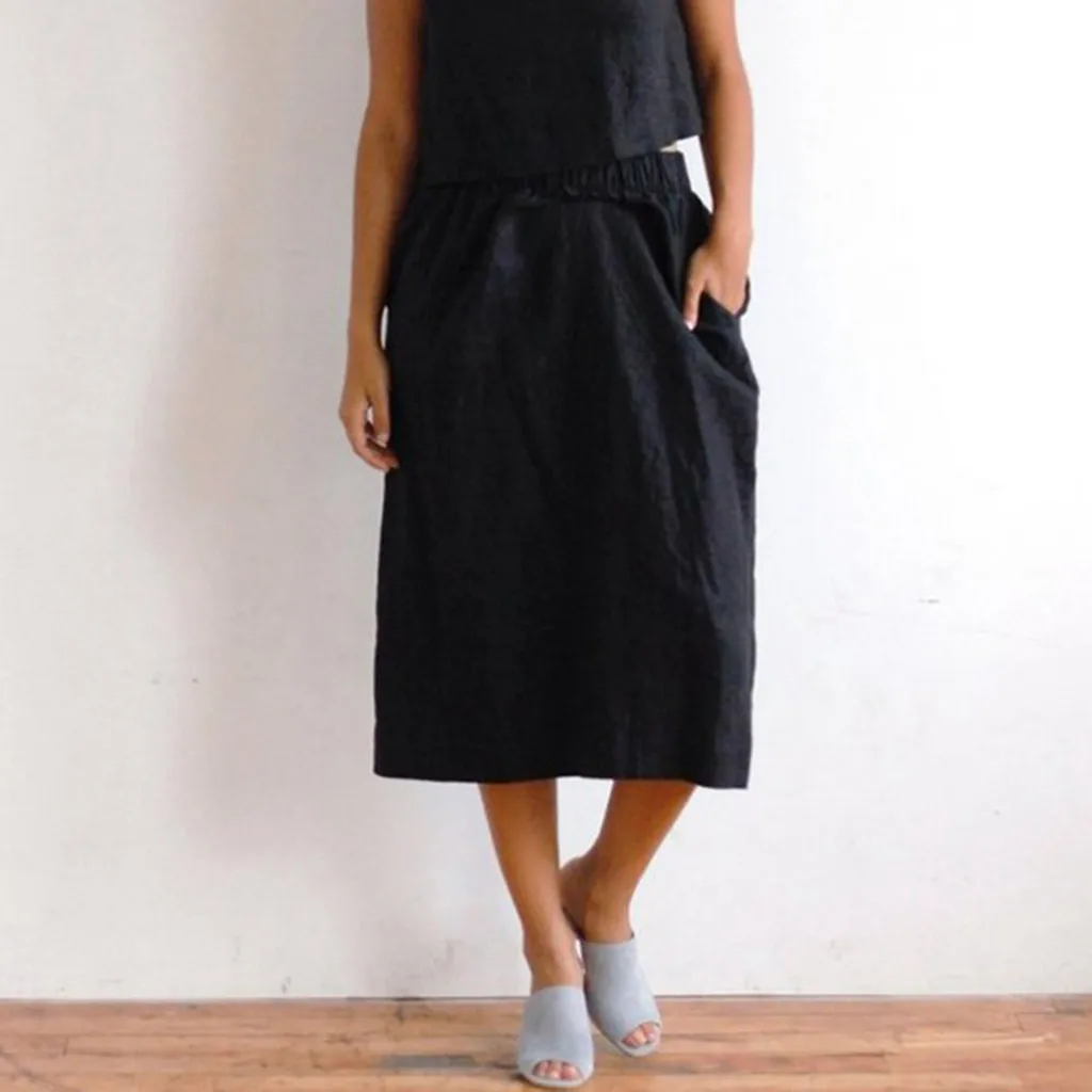 

2019 Women Linen Cotton Long Skirts Elastic Waist Pleated Maxi Skirts Beach Boho Vintage Summer Skirts Faldas Saia midi skirt