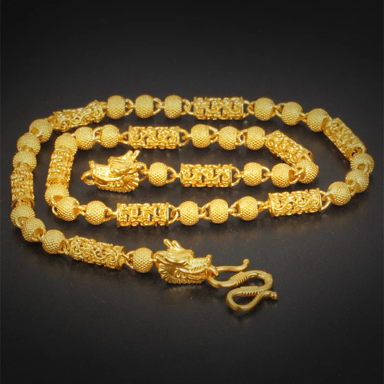 

Unique Hollow Column Chain Necklace Yellow Gold Filled Cool Mens Necklace Beads Chain With Dragon Head