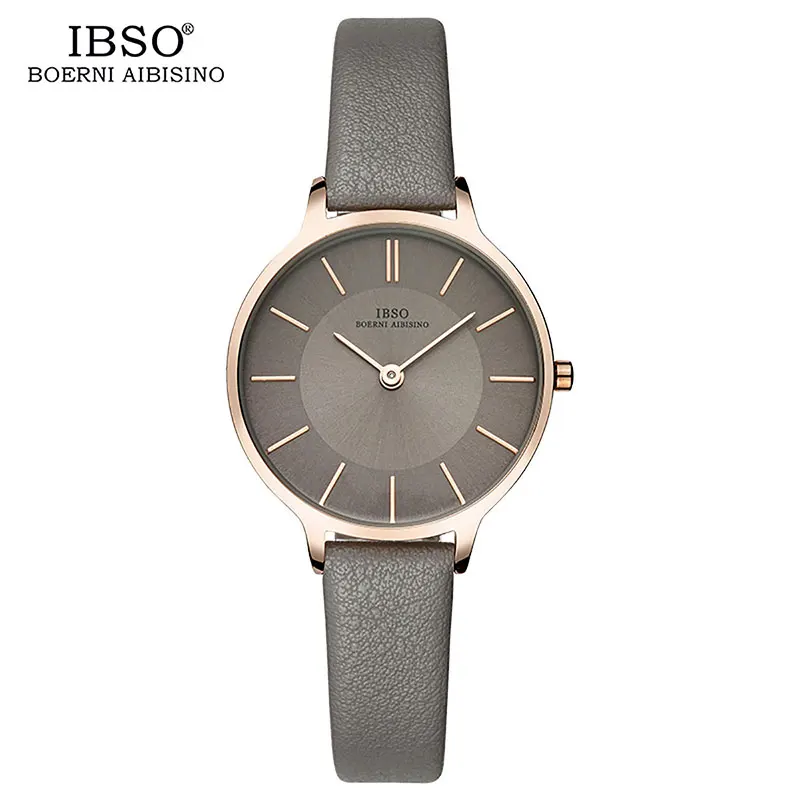 IBSO женские роскошные часы 8 мм Ультра тонкие часы с ремешком из натуральной кожи кварцевые женские часы простые часы Montre Femme 6603 - Цвет: IBSO6603Grey