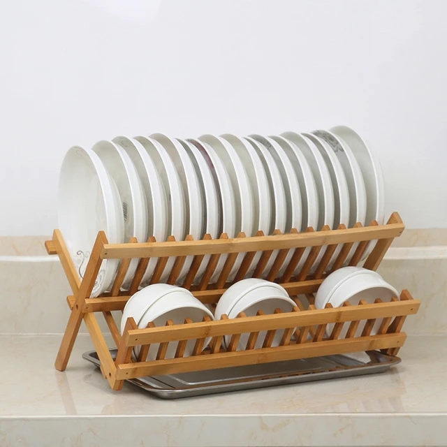 Worthyeah Bamboo Dish Drying Rack, 2 Tier Collapsible Dish Rack with Utensil Holder, Wooden Dish Drying Rack for Kitchen Counter, Large Folding