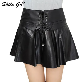 

Leather Skirt Womens Summer Fashion sheepskin genuine leather Skirt tie adjustable high waist pleated short skirts