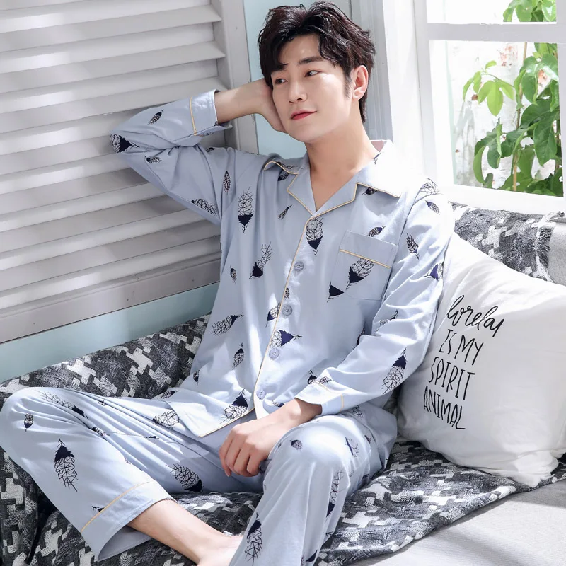 

Yidanna Men Pajamas Set Cotton Nighties Long Sleeved Sleepwear Casual Male Button Plus Size Nightwear Autumn Simple Cute Pyjama